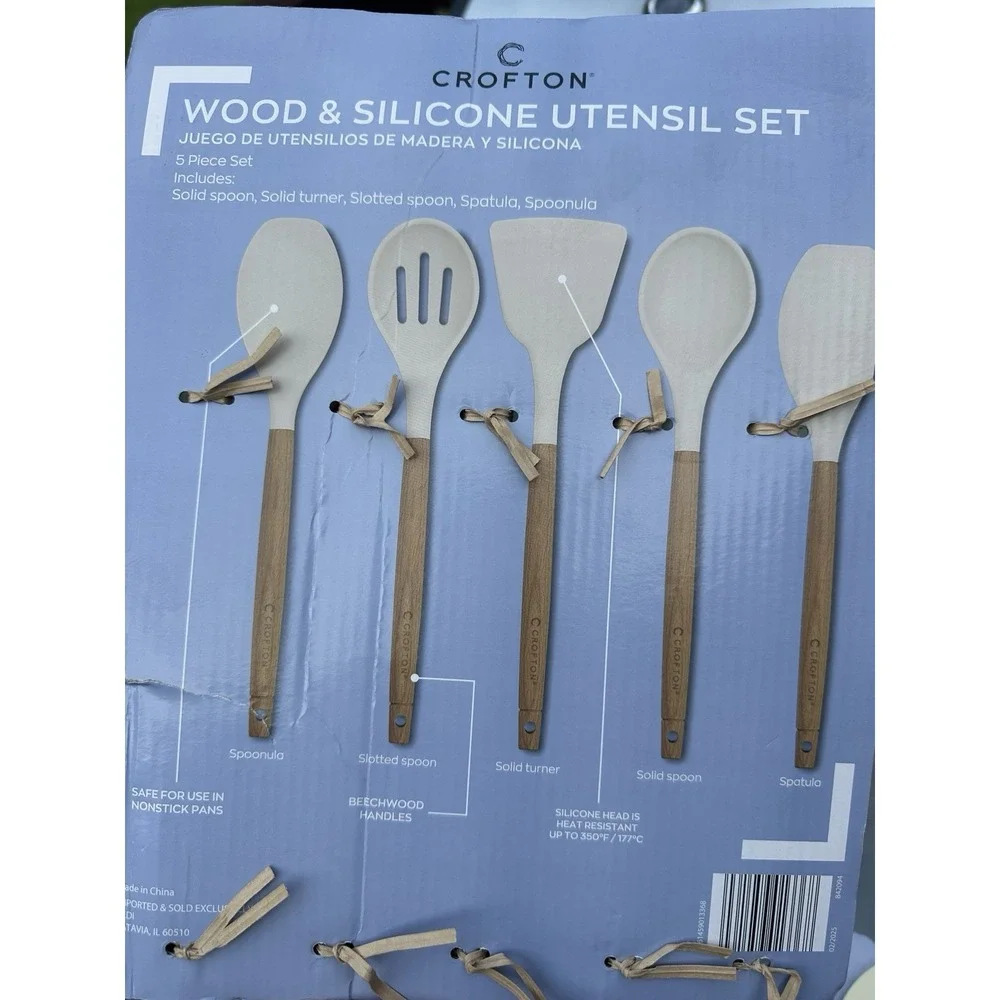Crofton Wood & Silicone Utensil Set 5-Piece Spoon, Turner, Spatula
